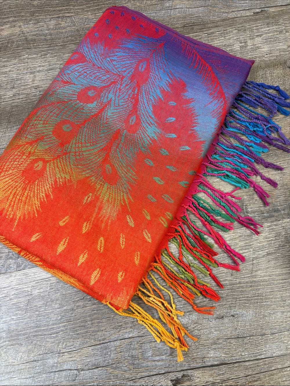 100% Cashmere Jerusalem Peacock Feather Rainbow Fringe Scarf Wrap Shawl